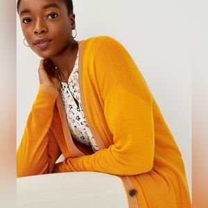 Ann Taylor V-Neck Boyfriend Cardigan Long Brown Button Tunic Gold Yellow Large